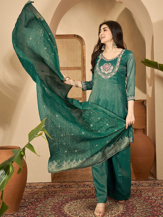 Dhiyona SN Women Silk Blend Embroidered Kurta Sets With Dupatta