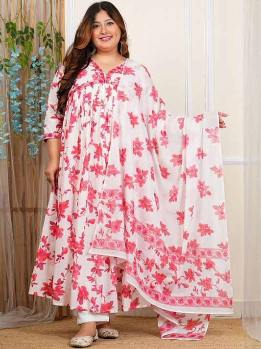 Dhiyona KL Floral Printed V-Neck Empire Pure Cotton Kurta With Trousers & Dupatta