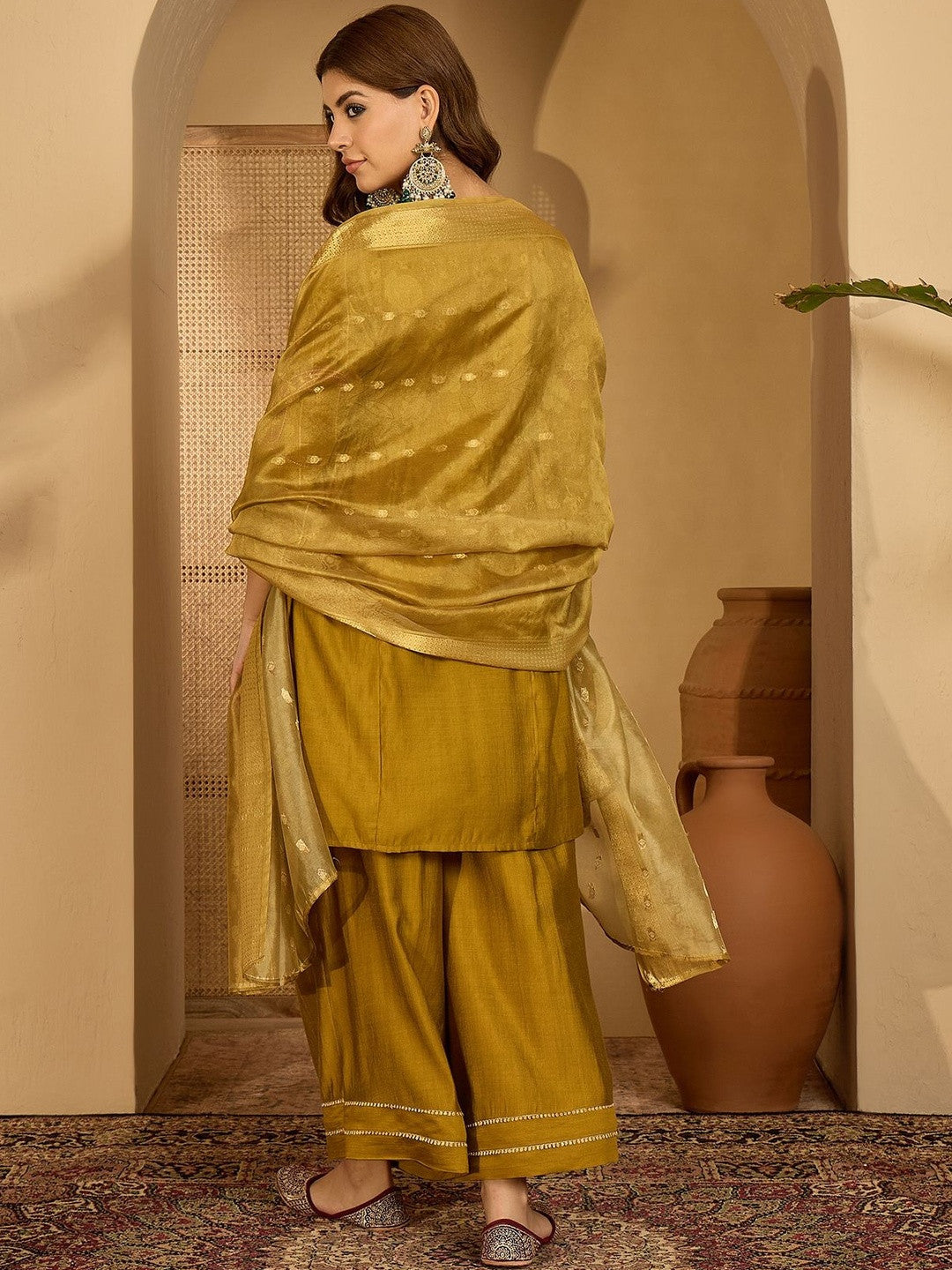 Women Olive Embroidered Kurta Sets With Dupatta