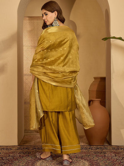 Women Olive Embroidered Kurta Sets With Dupatta