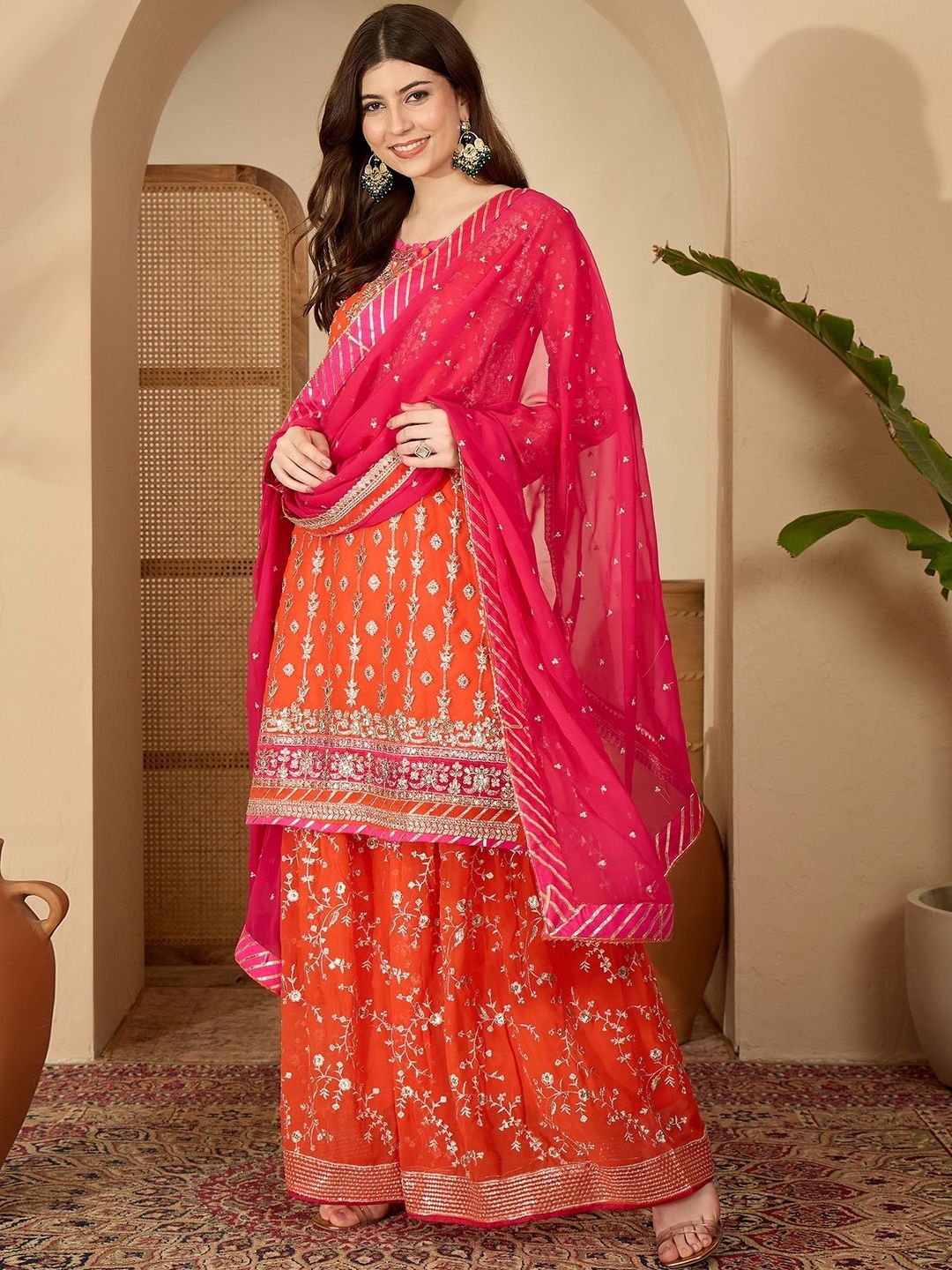 Dhiyona SN Women Ethnic Motifs Embroidered Regular Thread Work Kurta & Sharara With Dupatta