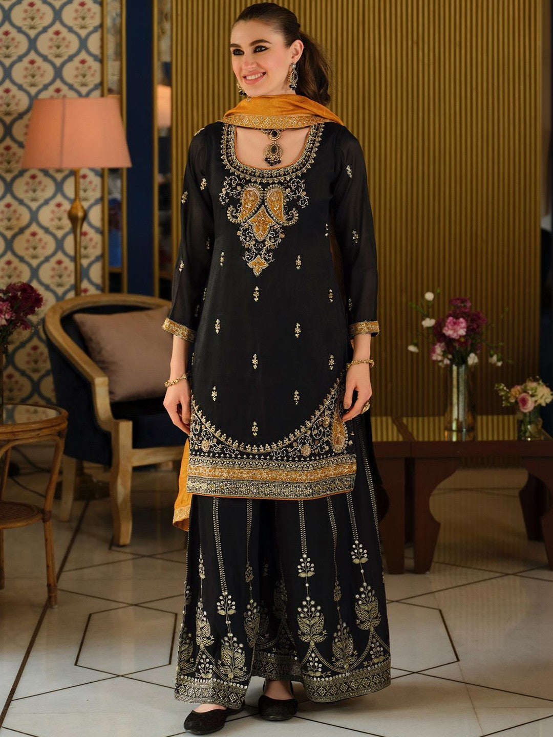 Black Embroidered Straight Kurta Palazzos Dupatta Set