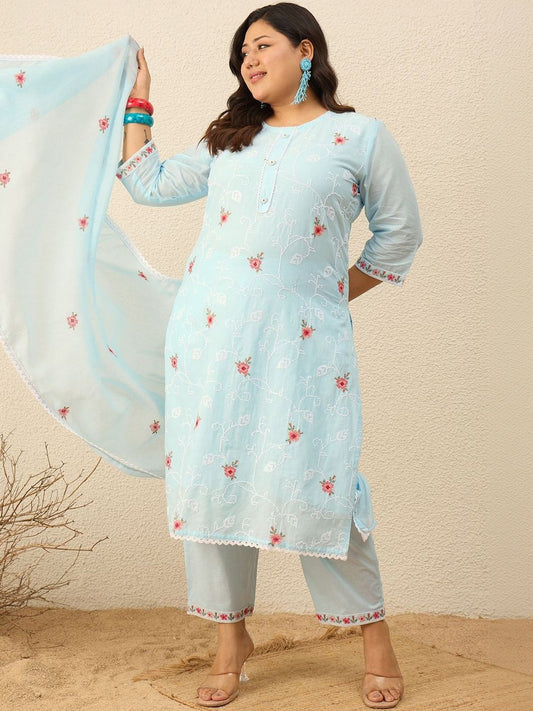 Dhiyona Women's Floral Embroidered Regular Thread Work Pure Cotton Kurta with Trousers & With Dupatta