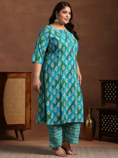 Women's LB Plus Size Blue Printed Silk Blend Straight Suit With Dupatta