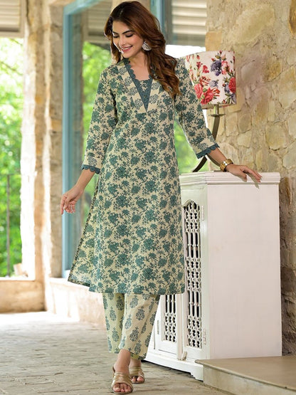 Dhiyona KL Women Floral Printed Regular Pure Cotton Kurta with Trousers & With Dupatta