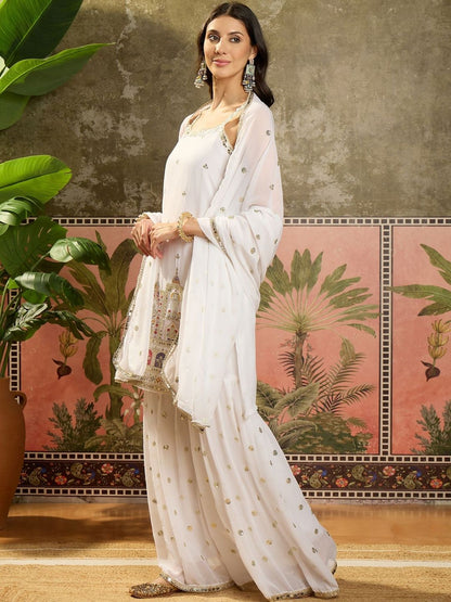 Dhiyona SN Embroidered Round Neck Straight Kurti & Sharara With Dupatta