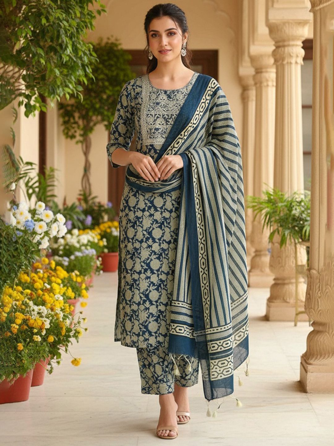 Dhiyona KL Floral Printed Straight Kurta With Trousers & Dupatta