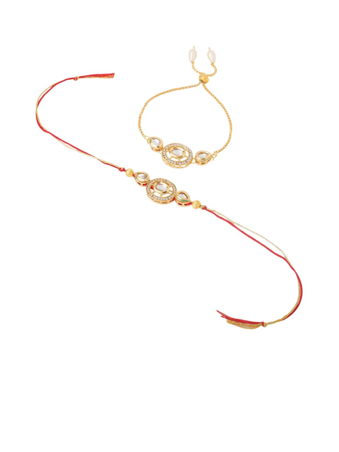 Dhiyona Set Of 2 Gold Toned Kundan Bhaiya Bhabhi Rakhi With Roli Chawal Chandan Mishri