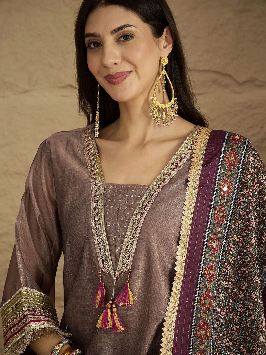 Dhiyona VA Ethnic Motifs Yoke Design V-Neck Straight Kurta With Palazzos & Dupatta