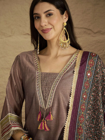 Dhiyona VA Ethnic Motifs Yoke Design V-Neck Straight Kurta With Palazzos & Dupatta