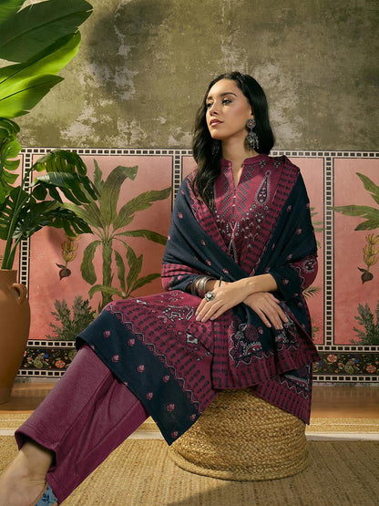 Women Winter Ethnic Motifs Printed Regular Kurta With Trousers & Dupatta