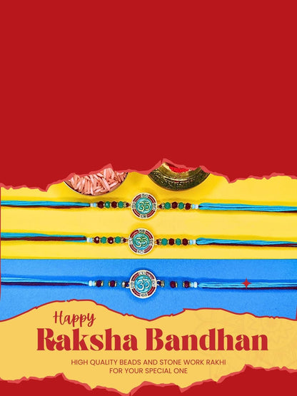 Dhiyona Set Of 3 Beaded Cotton Thread with AD Stones & Meenakari Designer Rakhi for Brother