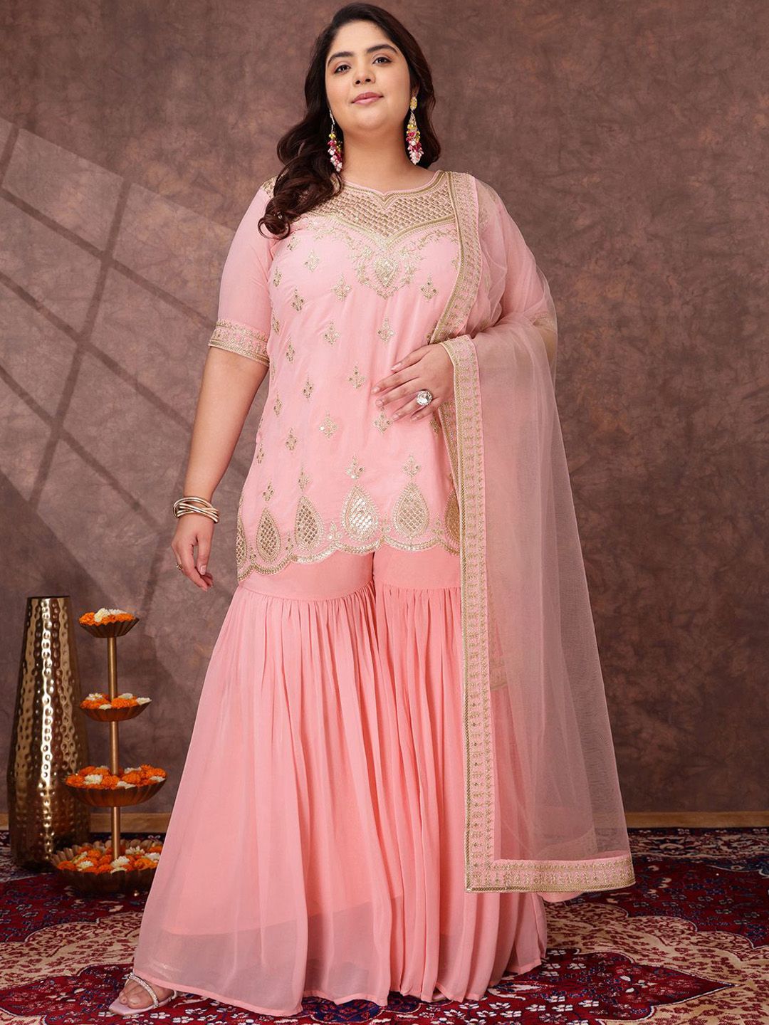 Dhiyona IN Women Ethnic Motifs Embroidered Regular Kurta & Sharara With Dupatta