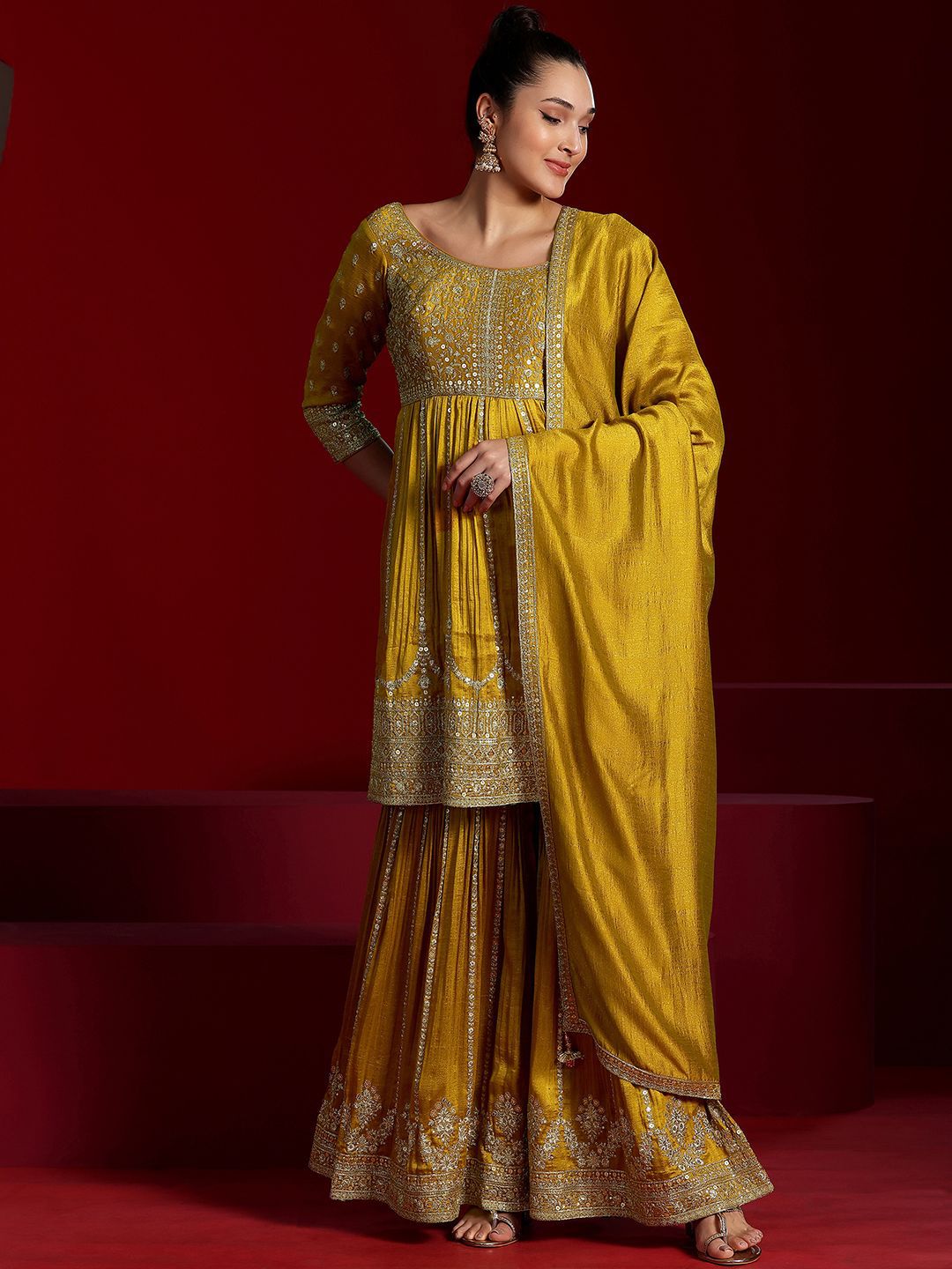 Dhiyona LL Floral Embroidered Empire Sequinned Anarkali Kurta with Sharara & Dupatta
