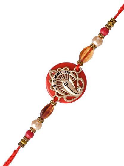 Dhiyona Red Resin-Based Ganesha Rakhi With Roli Chawal & Greeting Card