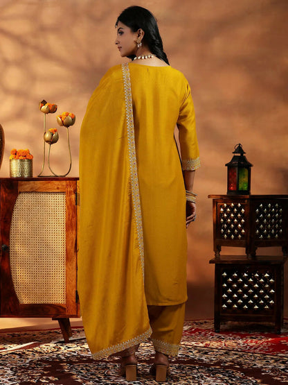 Women's LB Mustard Embroidered Silk Blend Straight Suit With Dupatta