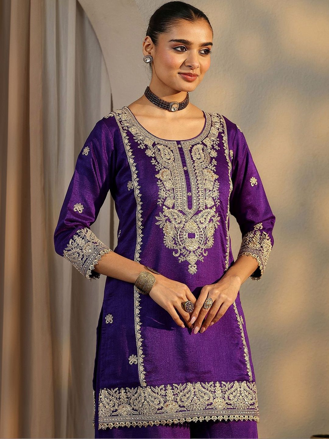 Dhiyona LL Women Ethnic Motifs Embroidered Regular Thread Work Kurta with Palazzos & With Dupatta