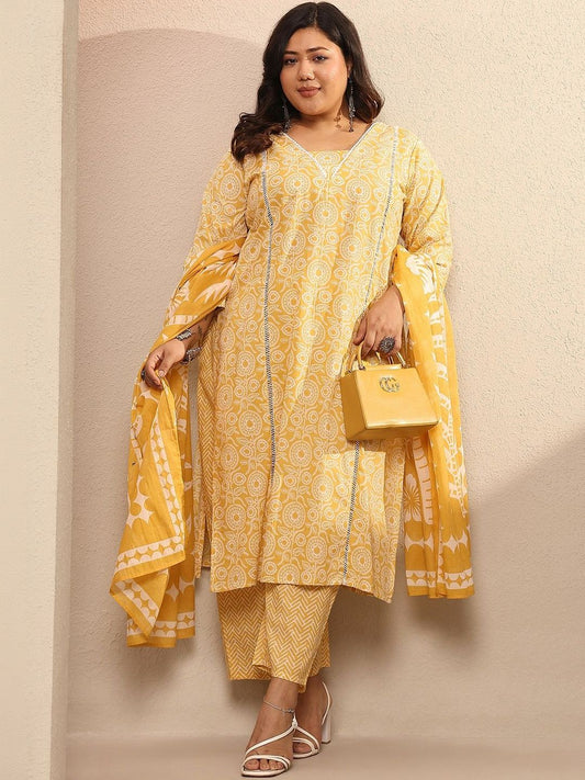 Dhiyona Women's Plus Size Ethnic Motifs Printed Kurta with Trousers & With Dupatta