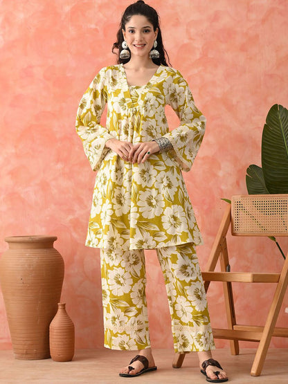 Dhiyona SN Women's Floral Printed Cotton Kurta with Trousers