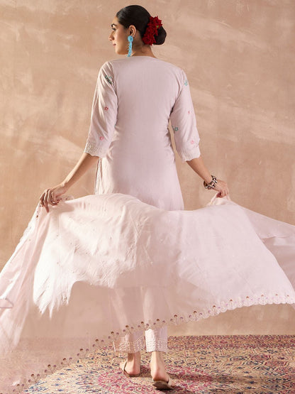 Floral Embroidered V-Neck Thread Work Pure Cotton Kurta With Trousers & Dupatta