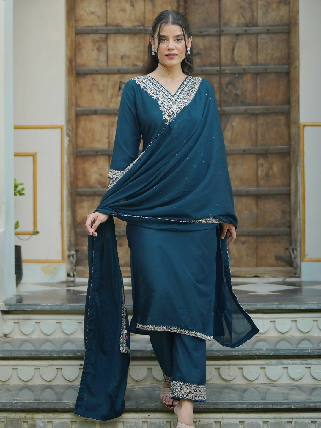 Women's LB Teal Yoke Design Silk Blend Straight Suit With Dupatta