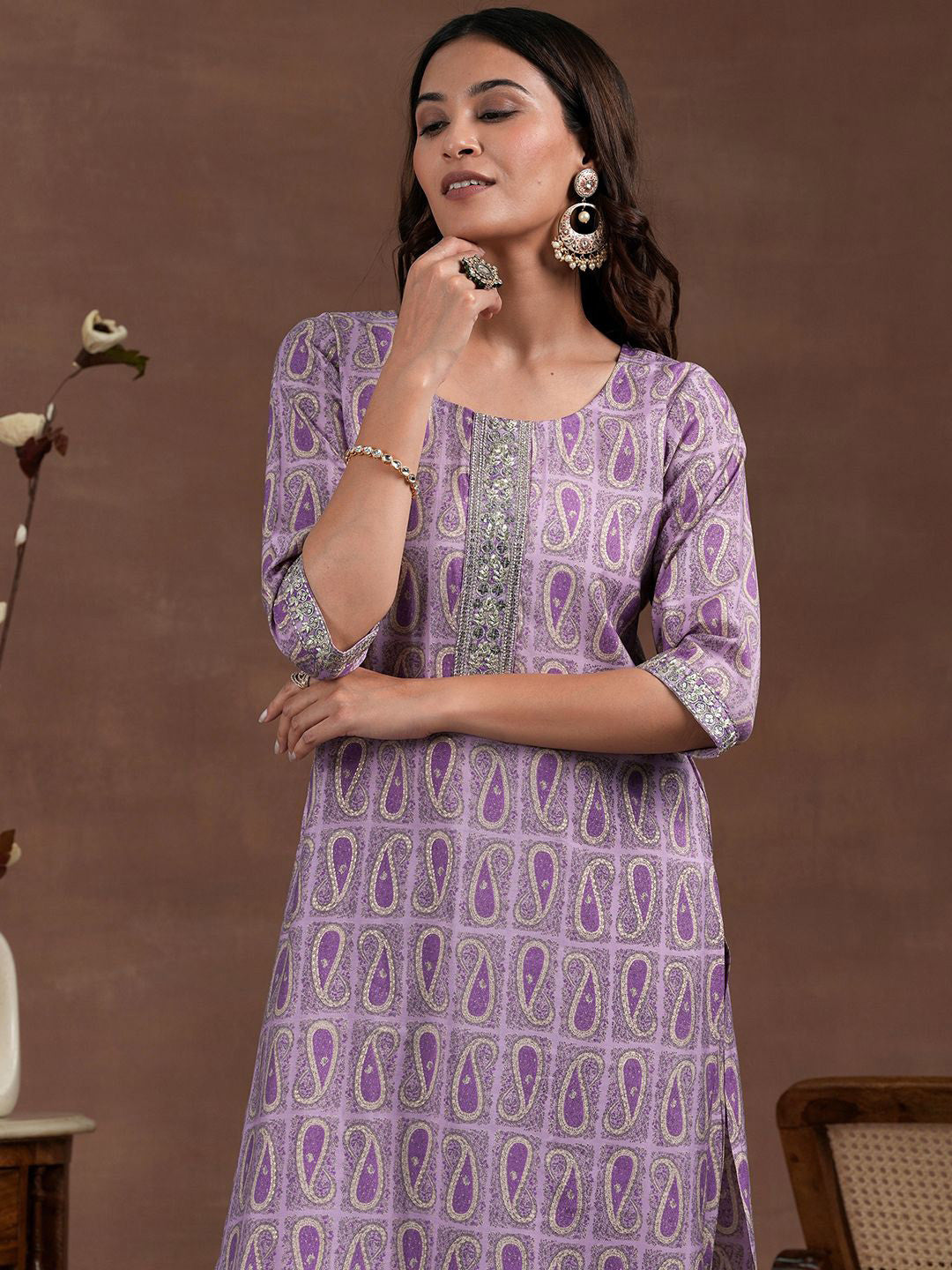 Paisley Printed Sequinned Straight Kurta With Salwar & Dupatta