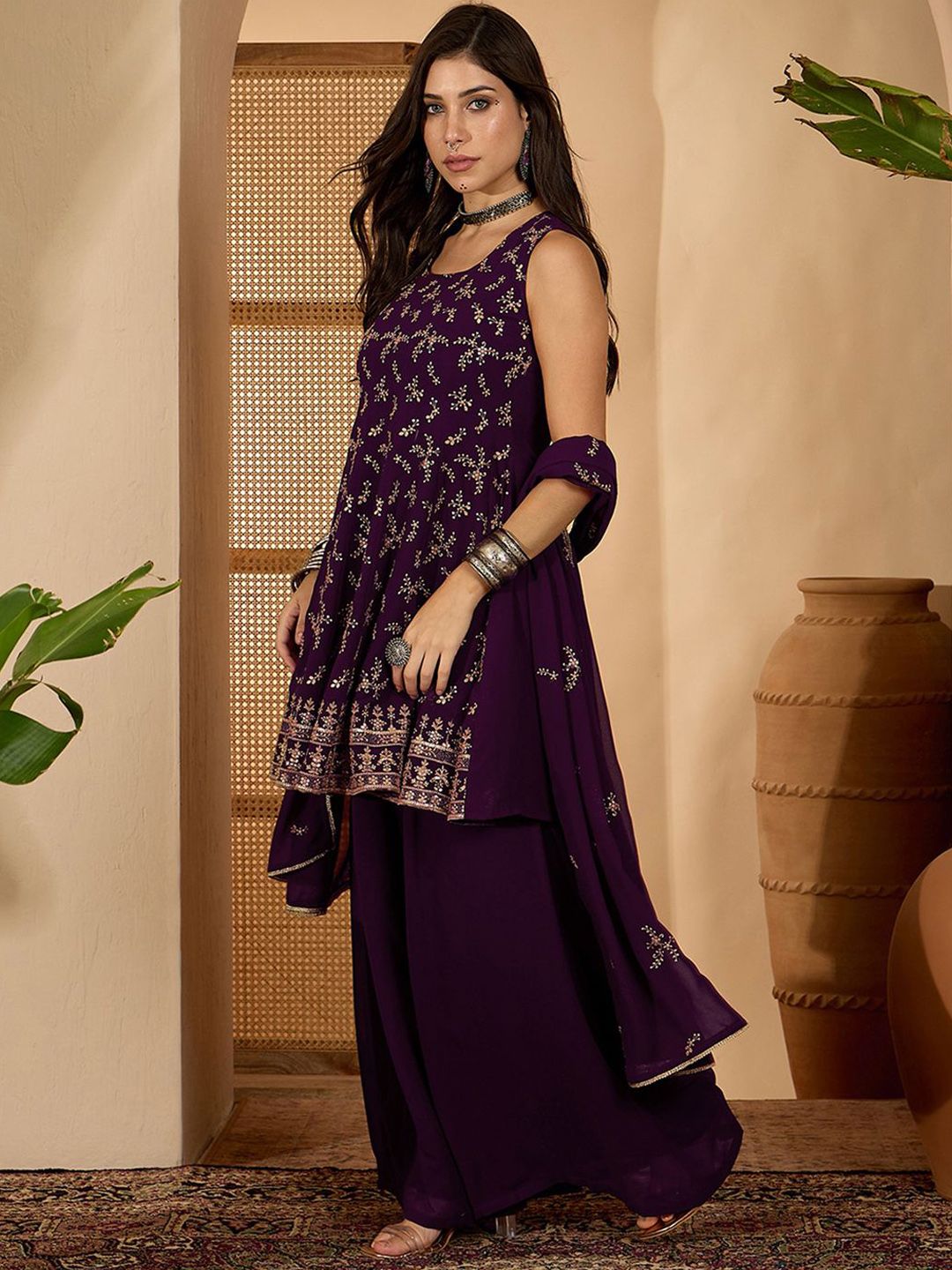 Dhiyona SN Floral Embroidered Square Neck Sequinned Kurta & Palazzo With Dupatta