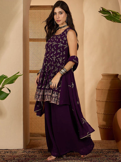 Dhiyona SN Floral Embroidered Square Neck Sequinned Kurta & Palazzo With Dupatta