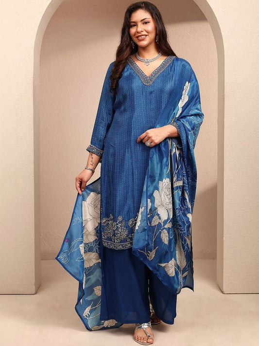 Dhiyona Women's Ethnic Motifs Regular Thread Work Silk Crepe Kurta with Palazzos & With Dupatta