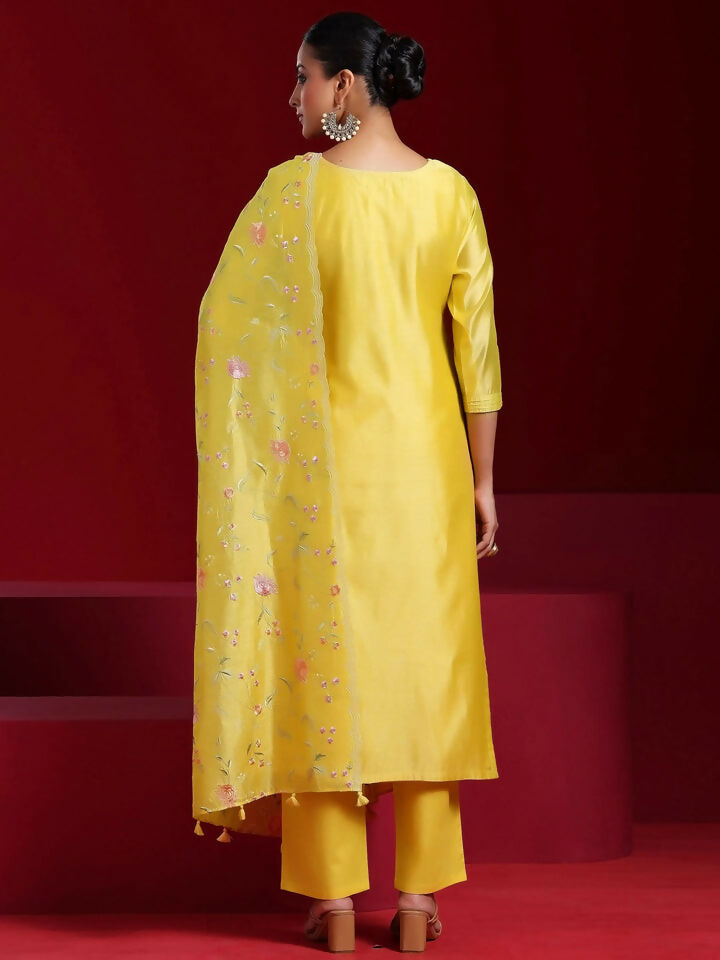 Women's LB Art Yellow Embroidered Chanderi Silk Straight Suit With Dupatta