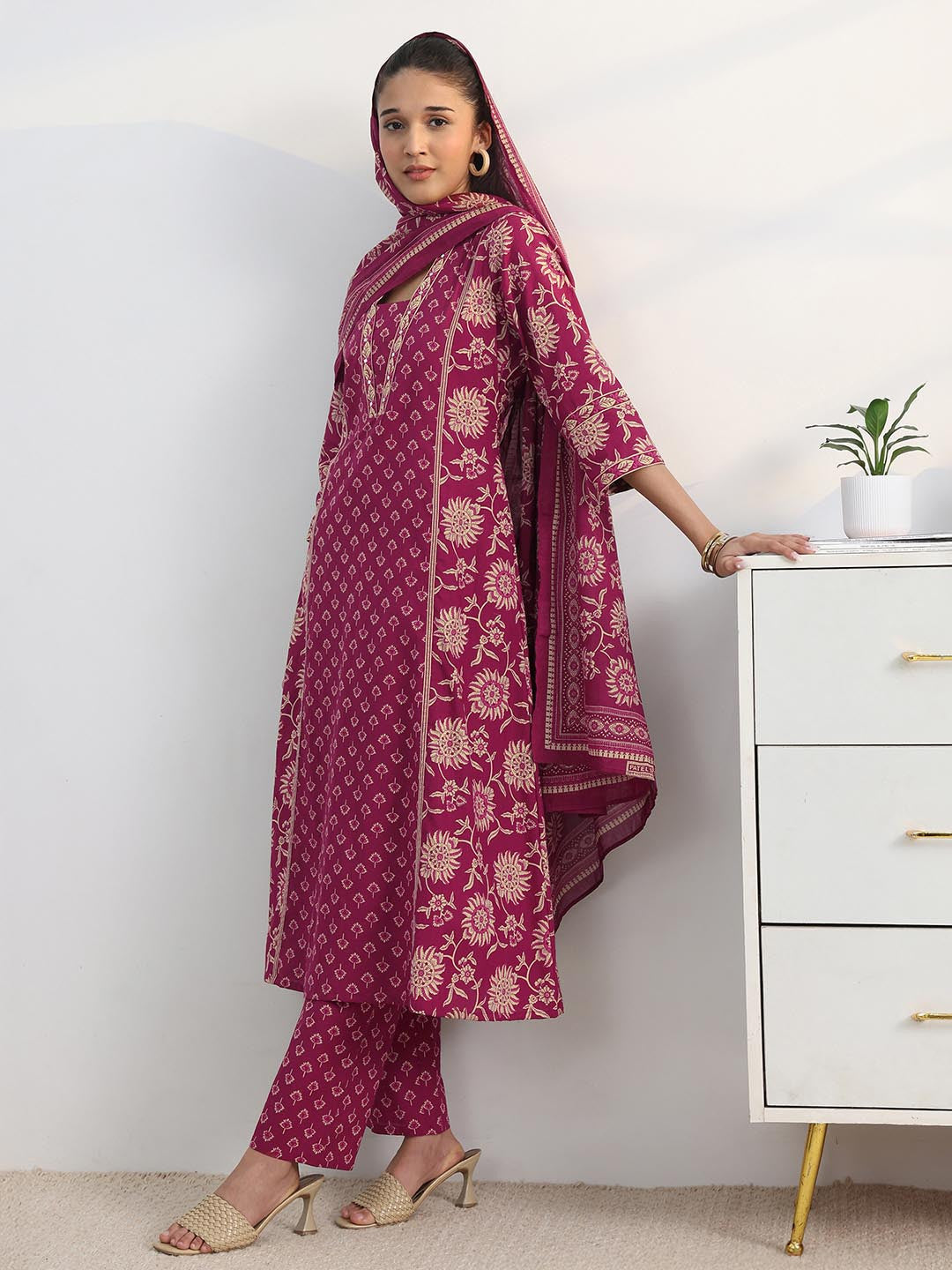 Libas Pink Floral Print A-Line Suit Set with Dupatta
