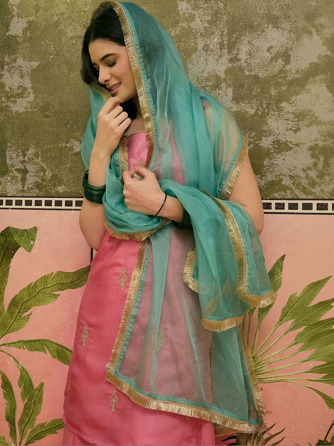 Dhiyona SN Sequinned Embroidered Square Neck Kurta & Palazzos With Dupatta