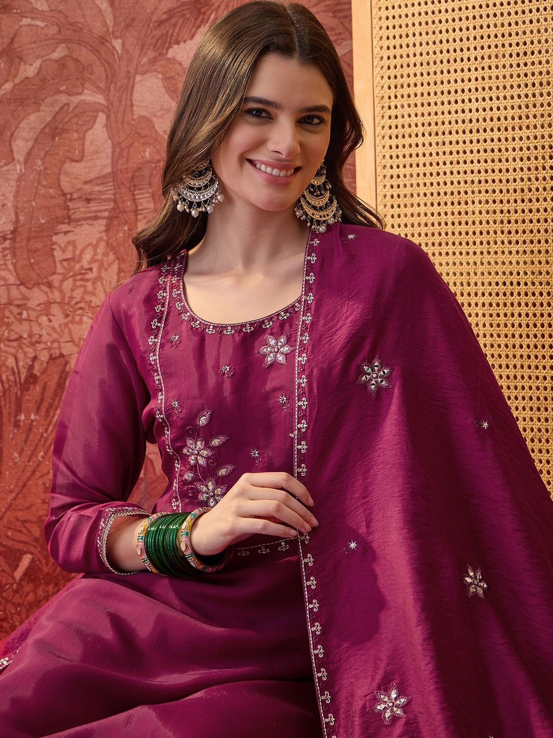 Embroidered Round Neck Straight Kurta & Trousers With Dupatta