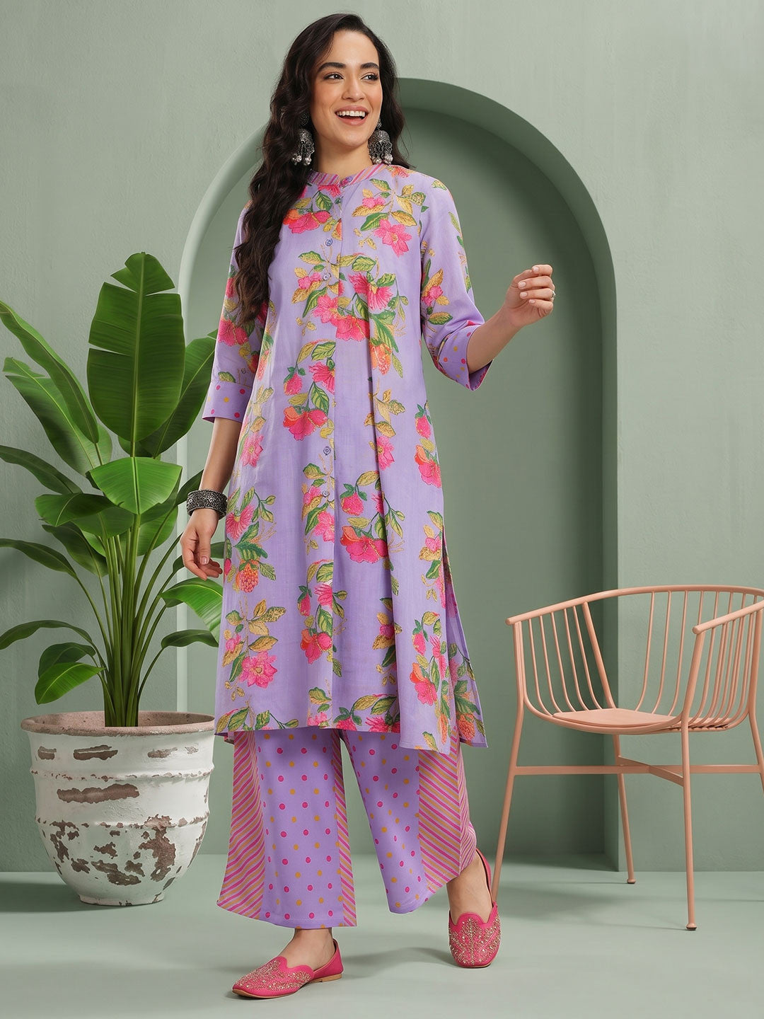Floral Printed Band Collar A-Line Kurta with Palazzos
