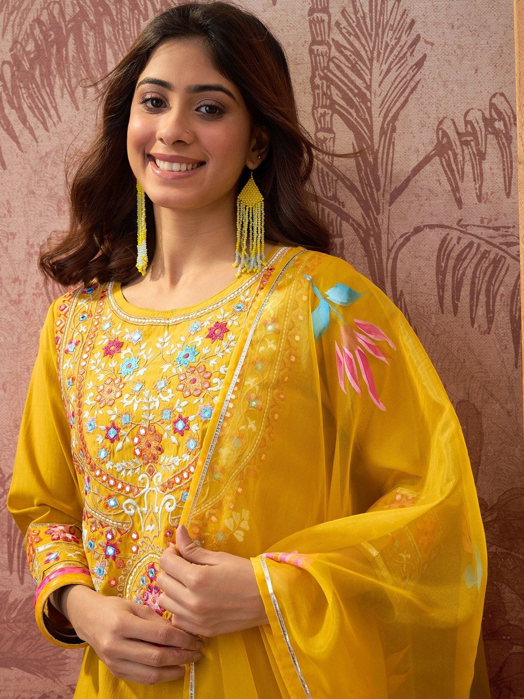 Embroidered Silk Blend Round Neck Kurta & Trousers With Dupatta