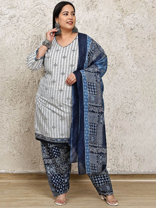 Dhiyona KL Women Plus Size Ethnic Motifs Printed Kurta with Salwar & Dupatta