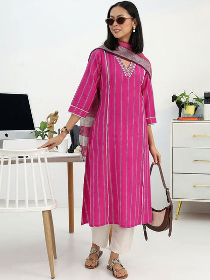 Women Printed Regular Thread Work Kurta with Trousers & With Dupatta