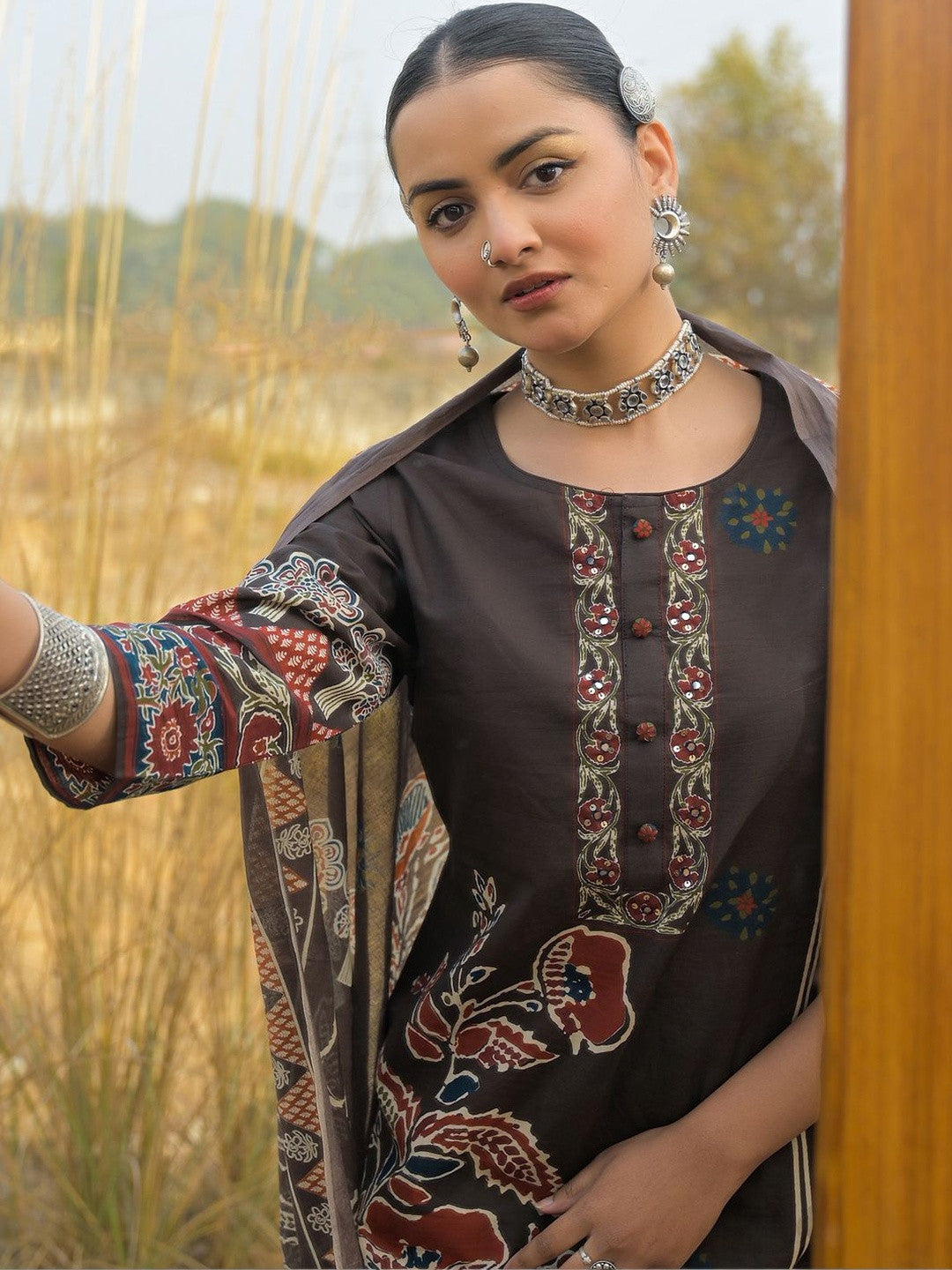 Women Ethnic Motifs Printed Regular Sequinned Pure Cotton Kurta with Trousers & With Dupatta
