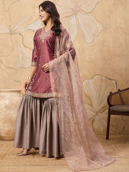 Dhiyona HOP Floral Embroidered V-Neck Sequinned Straight Kurta & Sharara With Dupatta