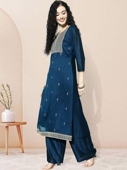 Dhiyona SN Embroidered Round Neck Kurta Palazzo with Dupatta