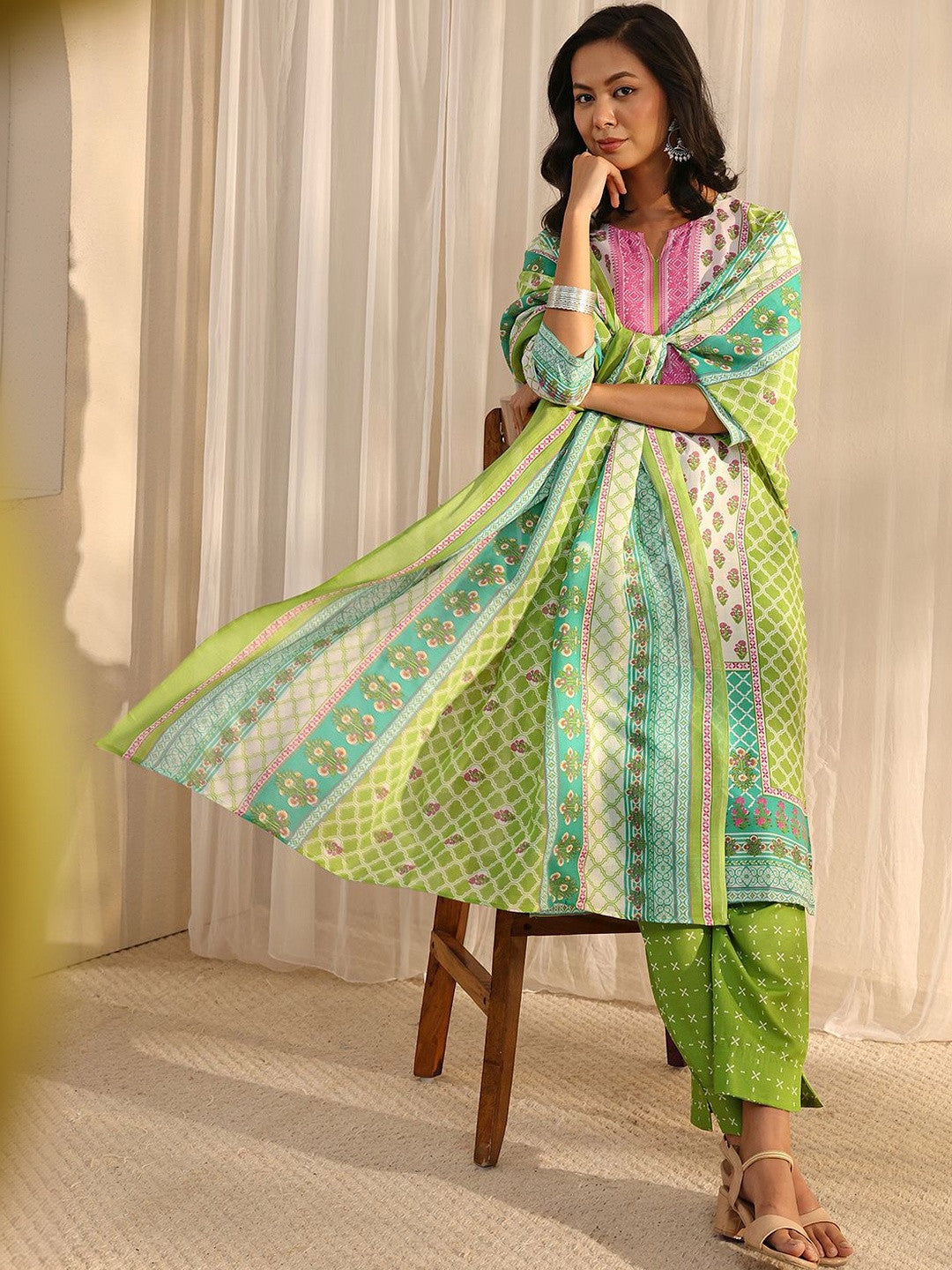 Libas Green Multi Printed Straight Suit Set with Dupatta