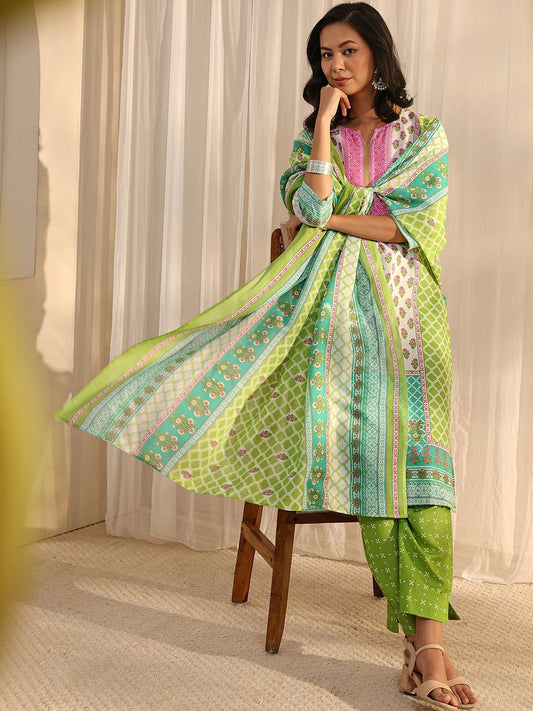 Libas Green Multi Printed Straight Suit Set with Dupatta