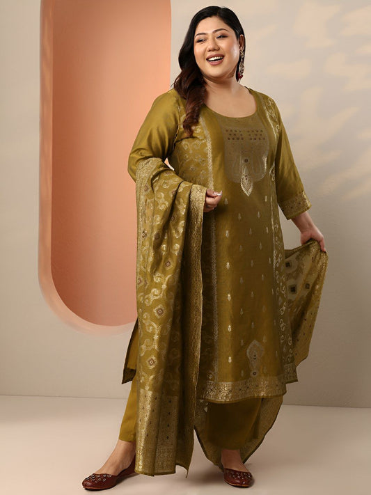 Dhiyona Women's Plus Size Floral Woven Design Straight Kurta With Palazzos & Dupatta