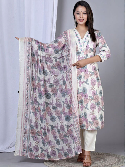 Dhiyona KL Women Floral Printed Regular Pure Cotton Kurta with Trousers & With Dupatta