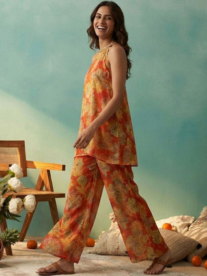 Dhiyona CH Women Floral Printed Regular Sequinned Top with Palazzos