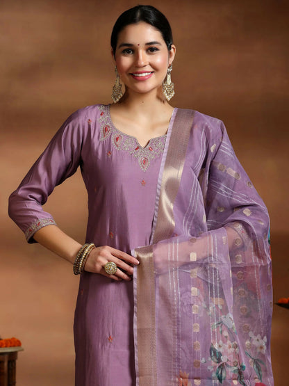 Women's LB Mauve Embroidered Silk Blend Straight Suit With Dupatta