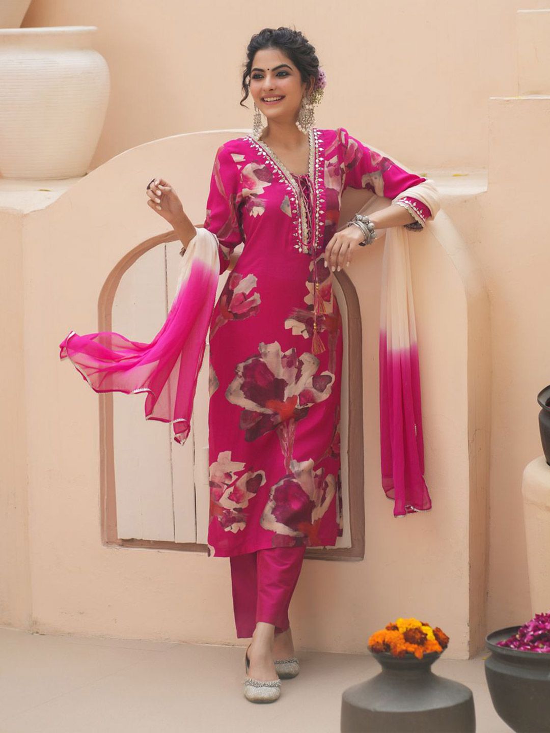 Dhiyona RR Women's Floral Printed Cotton Silk Mirror Work Kurta With Trousers & Dupatta
