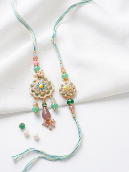 Dhiyona Set Of 2 Round Artificial Beads Traditional Bhaiya Bhabhi Rakhi With Roli Chawal