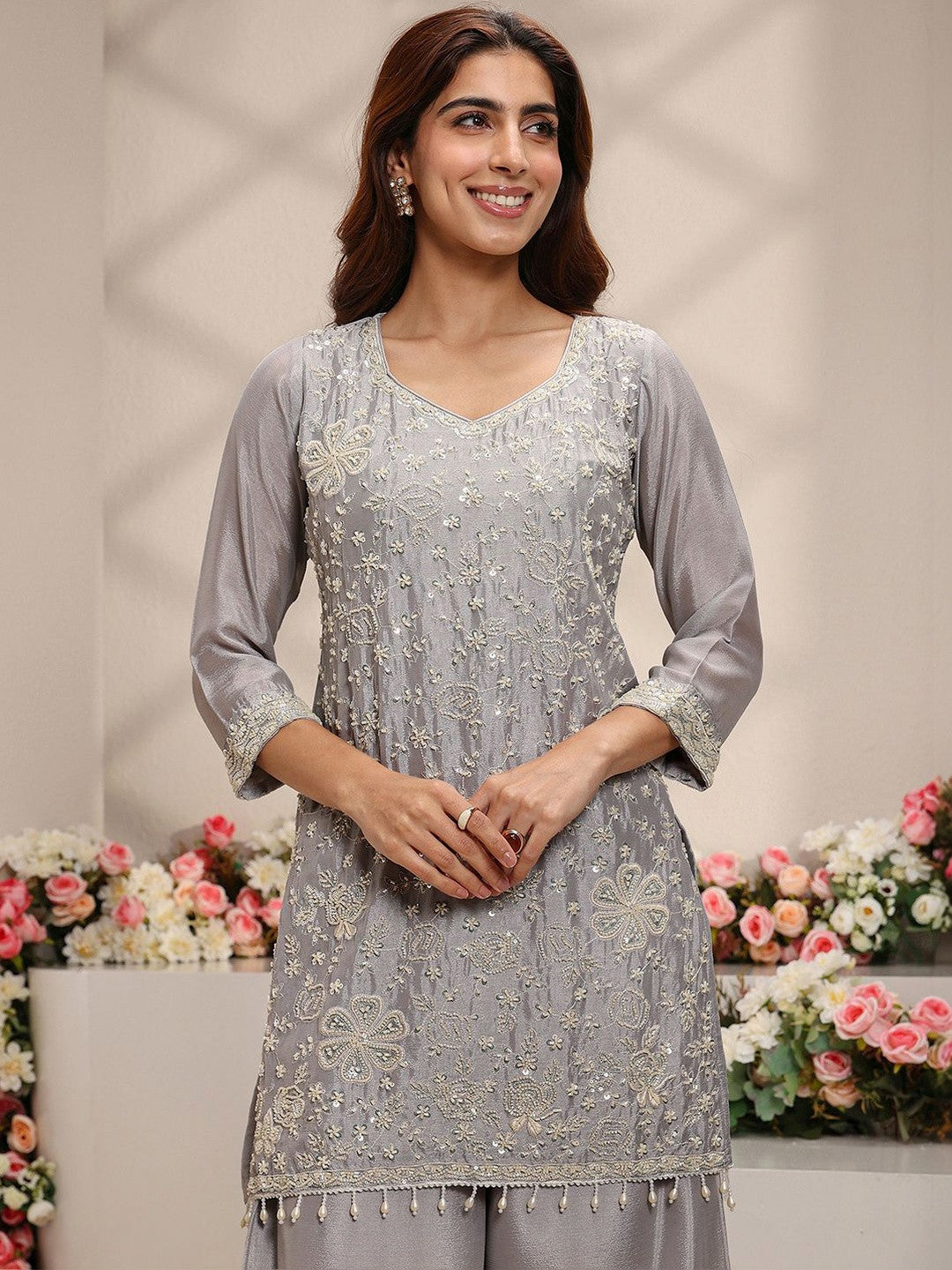 Grey Embellished Chinon Straight Suit Set with Dupatta