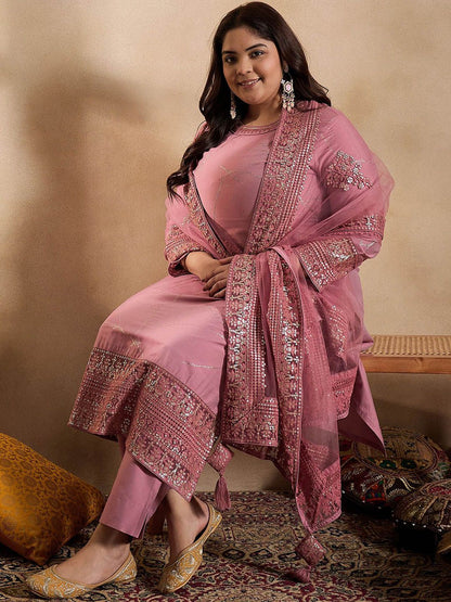 Dhiyona IN Floral Embroidered Sequinned Straight Kurta with Trouser & Dupatta